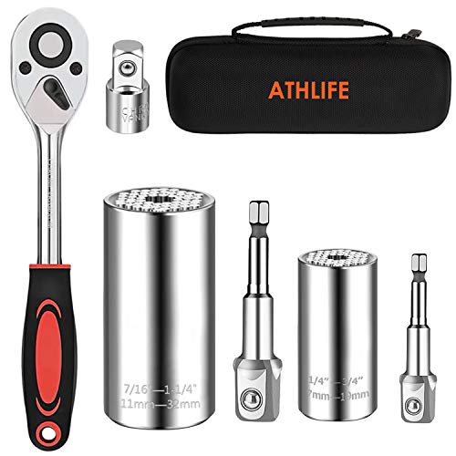 Universal Socket Wrench Set (11-32mm 7-19mm) Professional Sockets Tools Multi-function Wrench Repair Tool Kit with 3/8 inch Ratchet Wrench & Power Drill Adapter Chrome Vanadium Steel 6PCS