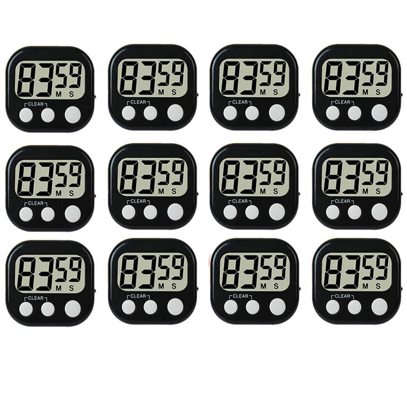 12 Pack Digital Kitchen Timer Large LCD Display Loud Alarm Strong Magnetic Stand, Minute Seconds Count Up Countdown and Simple Operation Timers for Cooking, Bathroom, Kids, Teacher, Classroom - Black 12