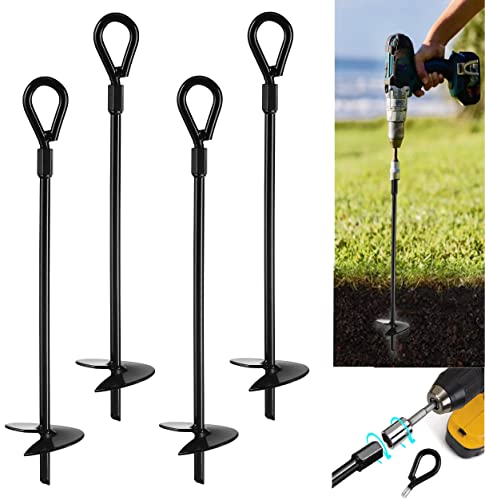 20” Ground Anchors (4pcs) Easy to Use with Drill, 3" Helix Diameter, Heavy Duty Anchor Hook for Camping Tent, Canopies, Car Ports, Sheds, Swing Sets, Securing Animals – Black Powder Coated 1