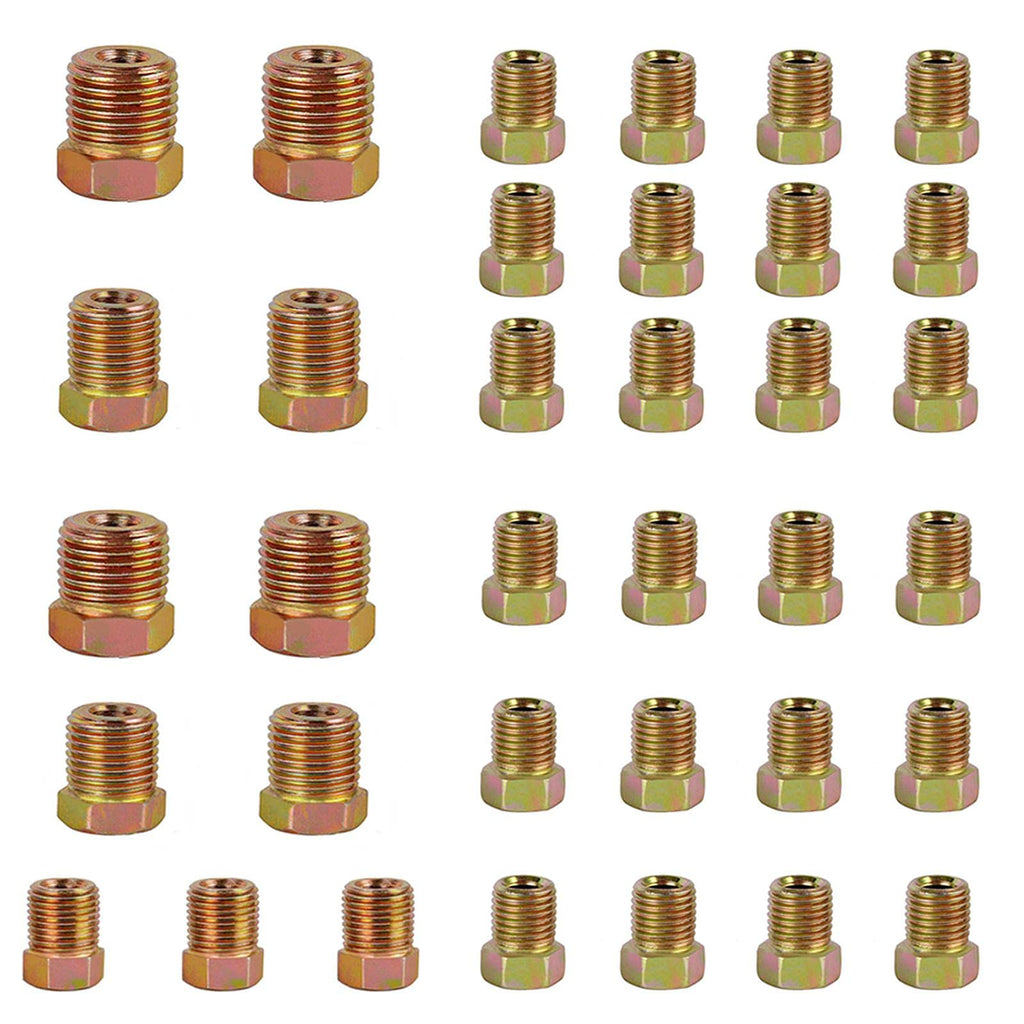 MuHize Brake Line Fitting Kit - 35 PCS Brake Line Nuts Assortment for Inverted Flares on 3/16" (19 Fittings) and 1/4" (16 Fittings) Brake Line Tube Gold