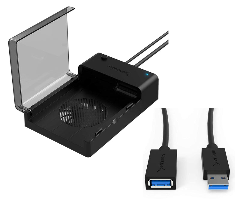 USB 3.0 to SATA External Hard Drive Lay Flat Docking Station with Built in Cooling Fan for 2.5 or 3.5in HDD, SSD+USB 3.0 Extension Cable A Male to A Female [Black] 6 Feet