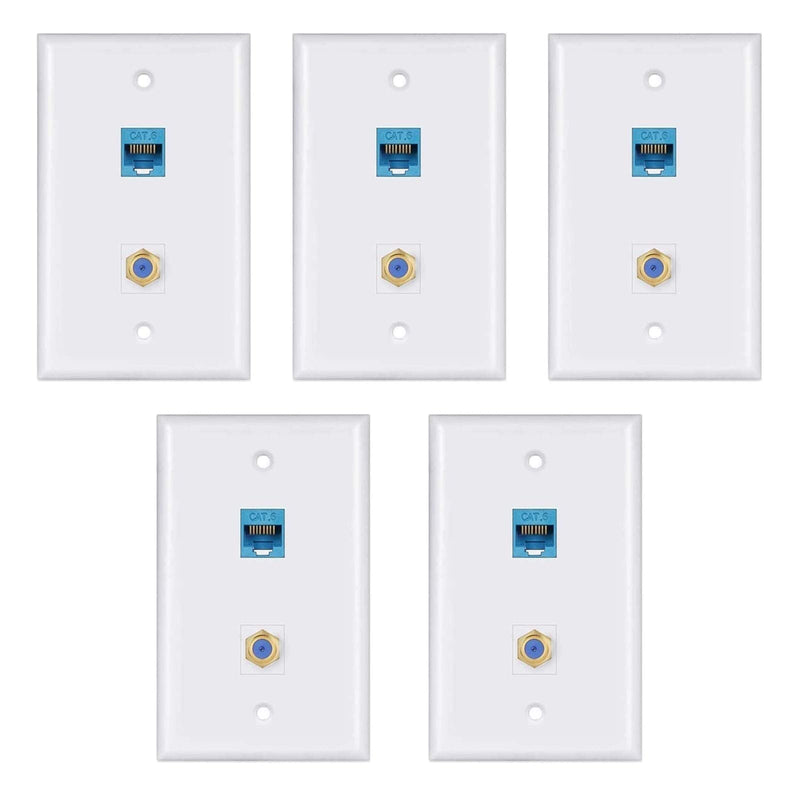Ethernet Wall Plate,Cat6 Gold-Plated Cable TV Coax F Type Port Wallplate White (5Pack)