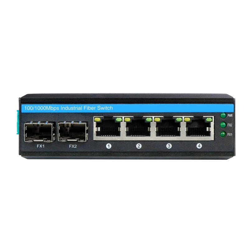 6-Port Hardened Industrial Gigabit PoE+ DIN-Rail Fiber Network Switch 4 x Gigabit PoE+ Ports 2 x 1.25G SFP Fiber Ports 120W for Outdoor Use 4 Gigabit POE(30W)