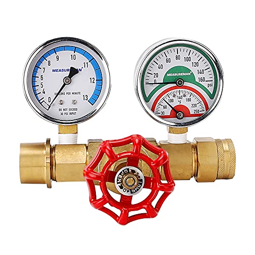 MEASUREMAN Brass Water Flow, Temperature and Pressure Test Assembly，Pressure (0-160 PSI) Flow Rate (0-13 GPM) Temperature (30-250 deg F), 3/4" GHT Female Thread & 3/4" Push-to-Connect Fitting