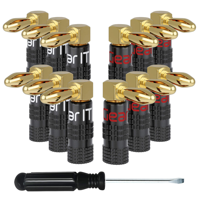 GearIT Right Angle Banana Plugs for Speaker Wire (6 Pairs, 12 Pieces), 90 Degree Pin Plug Type, (Non Conductive Coating) Spring Clips Speaker Banana Jack Terminals (Support 12 AWG to 20 AWG Wires) Banana Plugs (90 Degree Right Angle )