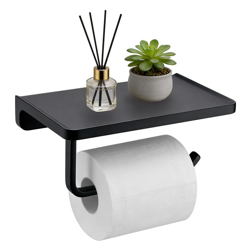 TRUSTMI Toilet Paper Holder with Phone Shelf Solid Metal Bathroom Hardware Accessories Tissue Roll Dispenser Storage Wall Mounted, Matte Black 7.1" x 4.3"