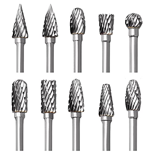 Carbide Burr Set for Dremel, 10 Pieces Wood Metal Cutter with 1/8 Inch Shank for DIY Woodworking, Carving, Engraving, Drilling, Metalworking