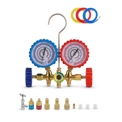 OMT 3-Way Auto AC Manifold Gauge Set for R134a R410A R404A R22, 5ft Hoses R134a R22 R410a R404a