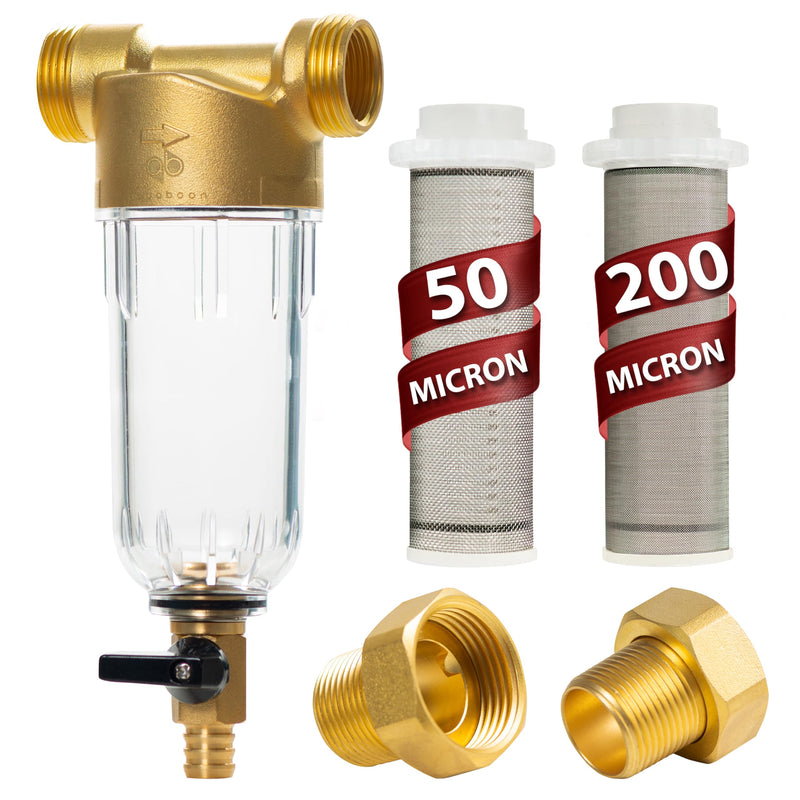 Aquaboon 3/4" Spin-Down Sediment Filter for Well Water, Reusable Pre-Filter, 50 & 200 Micron, Heavy-Duty for Home & Commercial Use, Easy to Clean, Extends Unit Life 50/200 MICRON