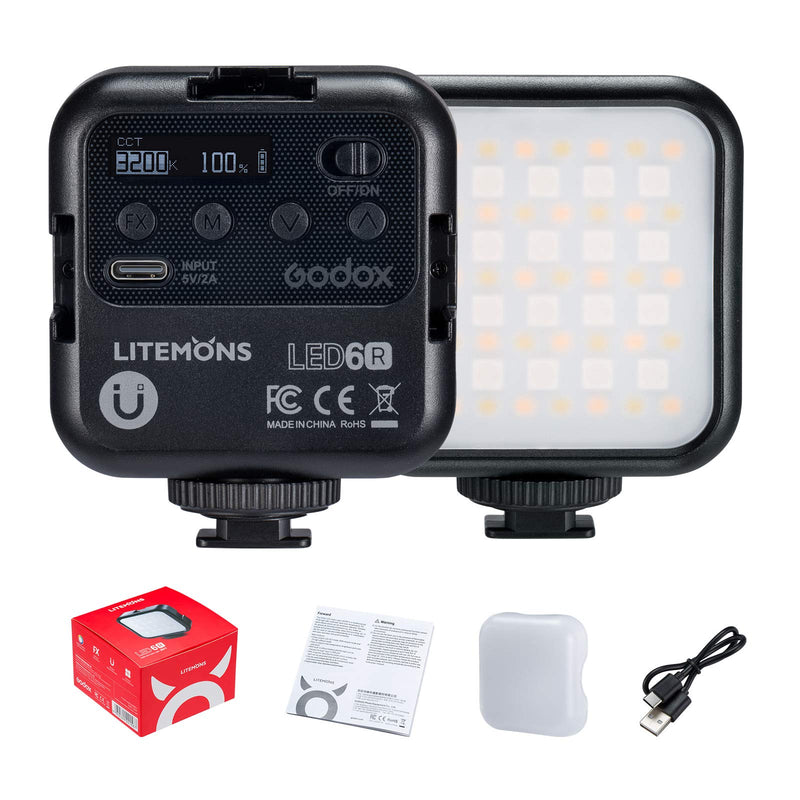 Godox LITEMONS LED6R RGB LED Video Light, Rechargeable LED Camera Light, HSI Adjustable 36000 Colors, CCT Bicolor 3200K-6500K, CRI 95, 13 FX Light Effects with 3 Cold Shoe, Support Magnetic Attraction