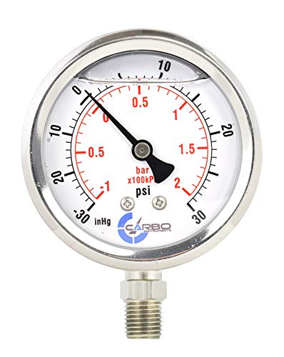 1-1/2" Pressure Gauge, Stainless Steel Case, Chrome Plated Brass Connection, Lqiuid Filled, Compound Vacuum -30 Hg - 0-30 psi Lower Mount 1/8" NPT 1- 1/2" -30 / 0 / +30 inHg/psi