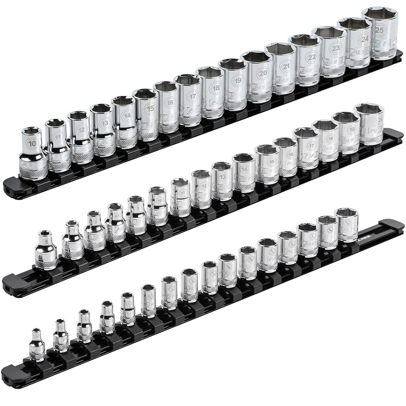 ARES 60123-3-Piece Black 17-Inch Aluminum Socket Rail Set with Locking End Caps - Includes 1/4-Inch, 3/8-Inch, and 1/2-Inch Drive Rails - Each Aluminum Rail Stores up to 16 Sockets 3-Piece Multi-Drive Set