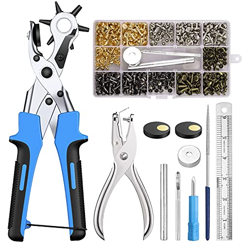 KAMTOP Leather Hole Punch Set, 240 Double Cap Rivets, Punch Pliers Silver
