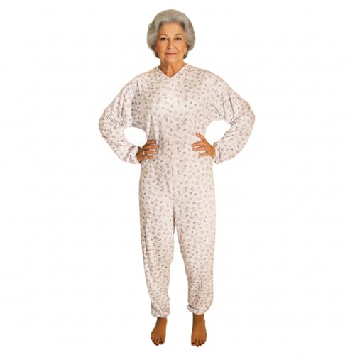 Summer Long Sleeve Pyjamas with Zip at the Back, Health Protection for Disabled and Disabled Elderly, Lightweight Cotton, Made in Italy XL White With Pattern - for Women