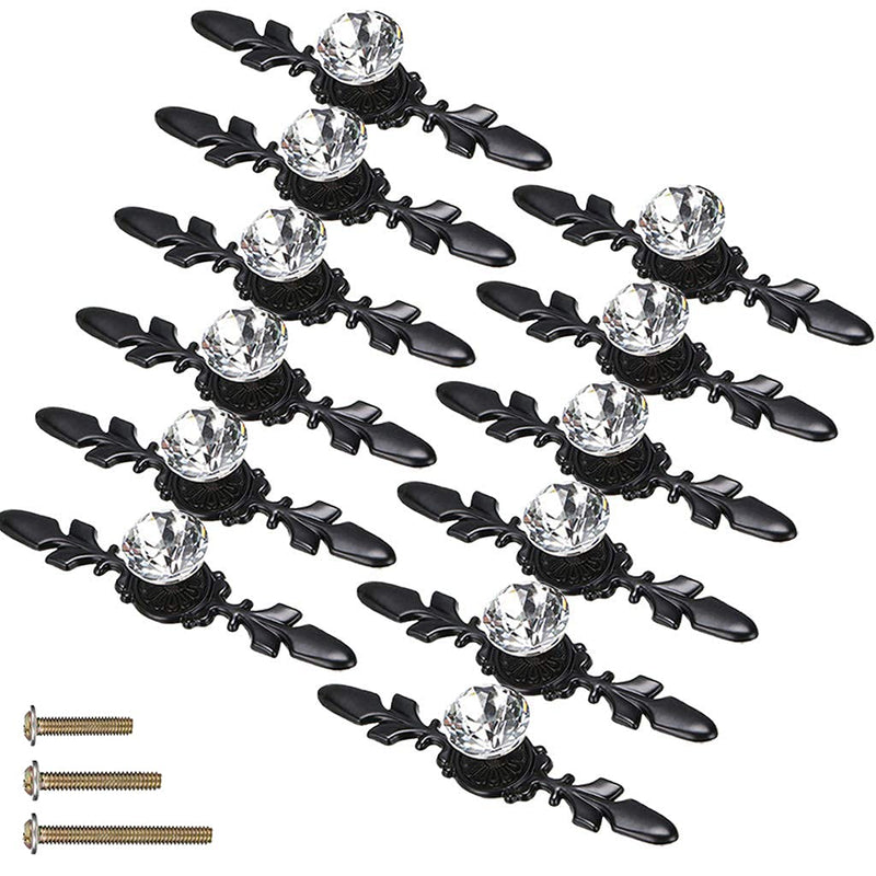 12 Pack Black Diamond Clear Crystal Glass Decorative Knobs with Plate,Drawer Dresser Knobs Pulls Handles with 3 Kinds of Screws for Kitchen Bathroom Office (12 Pack, Small, Black) 12 Pack Small - 4.7inch