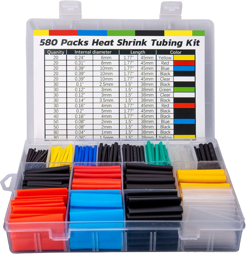 ASHINER Heat Shrink Tube Set - 580 Pieces High-Quality EVA Material in 6 Colours and 11 Sizes with Storage Case - Perfect for Electrical Insulation, Cable Repairs and Wire Connections Medium Black, yellow, blue, red, green, transparent