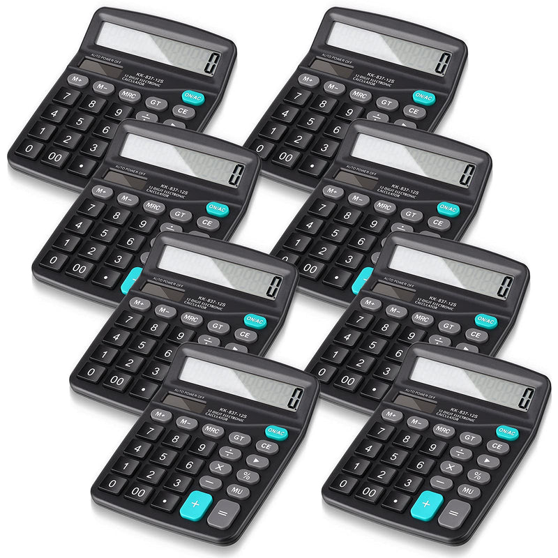 Konohan 8 Pieces 12-Digit Calculator, Solar Basic Desktop Calculator Large Display Electronic Dual Power Handheld for Home Office School(Black) Black