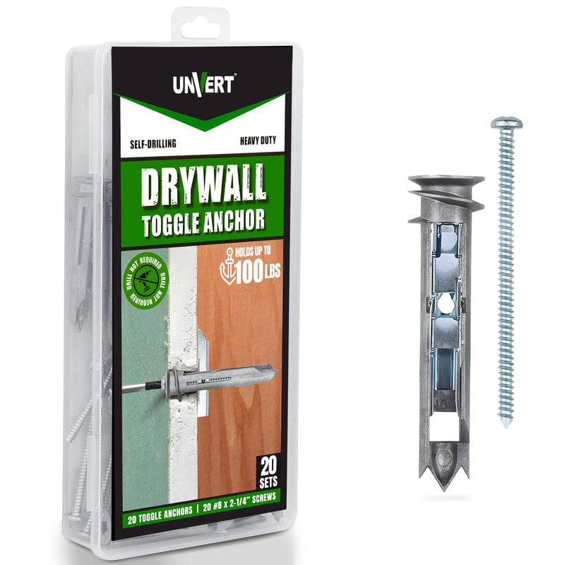 Heavy Duty Drywall Anchors - Self Drilling Ez Drywall Toggle Anchor Kit, #8 Anchor with Screws - Easy Wall Anchors for Hanging and Mounting - Holds Up to 100 Lb. (20 Pack) 20