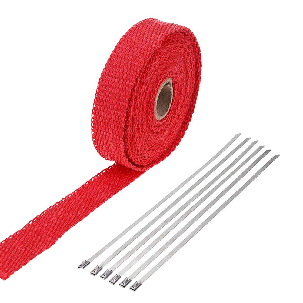 ESUPPORT 2.5CM X 5M Fiberglass Roll Red Racing Exhaust Heat Header Pipe Wrap Heat Shield Sleeve Protection 6 Stainless Steel Ties Car Motorcycle 1" X 16'