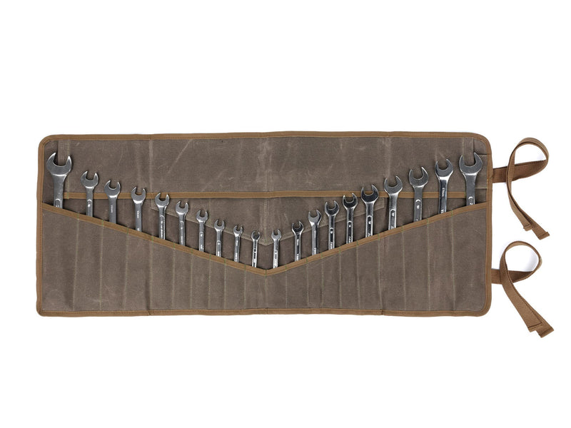 Denifiter Wrench Roll Up Pouch, Heavy Duty Waxed Canvas Tool Roll Bag Tool Organizer Bag With 20+4 Pockets (Brown) Brown
