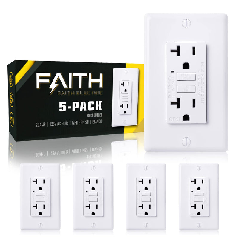 Non-Tamper-Resistant GFI Duplex Receptacles with LED Indicator, Self-Test Ground Fault Circuit Interrupter with Wall Plate, White 5 Pack