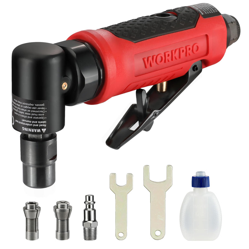 WORKPRO Air Angle Die Grinder, 1/4-Inch Pneumatic Right Angle Die Grinder, 20000RPM, Air-Powered 90 Degree for Grinding, Cutting, Polishing, Welding Repair, Deburring, 1/4" & 1/8" Collets Included 1/4-Inch Right Angle Die Grinder