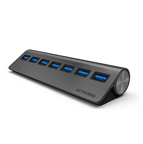 Achoro 7 Ports USB 3.0 Hub - Triangle Aluminum Alloy - High-Speed USB Port Expander - Compatible with PC, iMac, MacBook, Windows, Desktop, and More – Computer Multiple USB HUB (Space Grey) Space Gray
