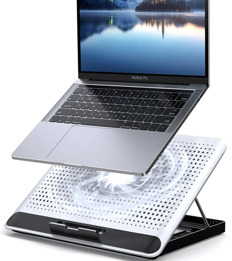 16inch Single Fan Lap Chill Mat - Aluminum Panel Laptop Cooling Pad, Heat Protection Laptop Cooler, Adjustable Foldable Long Stand, Fans Switch with dimmable-Speed, USB-A Connection Laptop Fan Silver Single-fan.