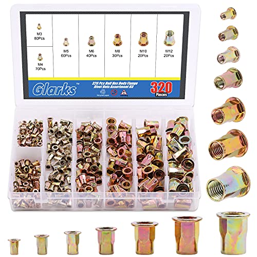 Glarks 320Pcs M3 M4 M5 M6 M8 M10 M12 Half Hex Body Flange Rivet Nuts Assortment Kit, Zinc Plated Carbon Steel Flat Head Threaded Insert Nut Rivnut Set (Rivet Nut Set) 320Pcs Rivet Nut Set