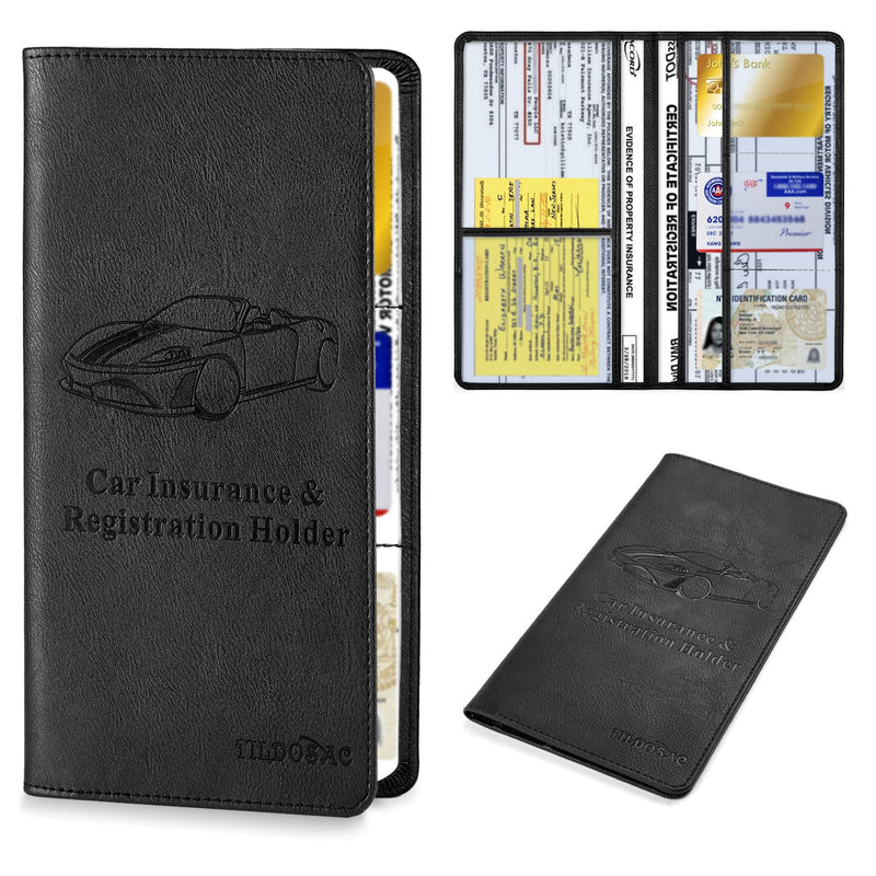 Leather Car Registration and Insurance Card Holder, Car Document Holder for Cards License with Magnetic Shut (Black, large) 1PACK-Black