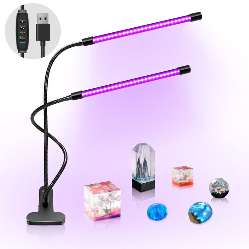 inShareplus LED UV Light Dual Head with USB, 395nm-405nm Dimmable UV Light with Clip, Glow in The Dark, 20W Black Lamp for Party, Stage, Glue Curing Resin Paint, Collection, Aquarium Long Two head