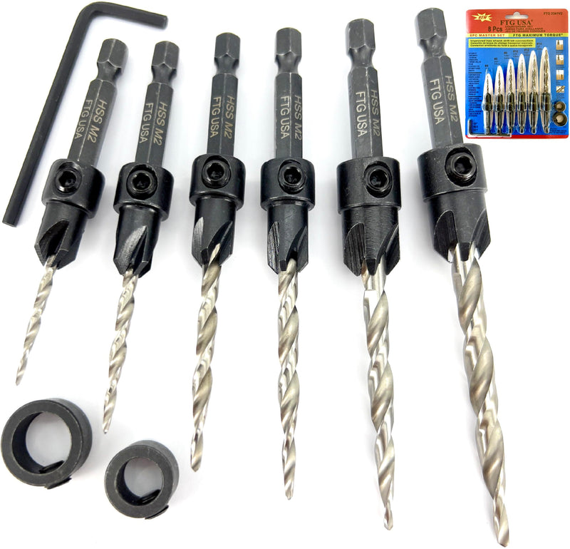 FTG USA Adjustable Wood Countersink Drill Bit Set 6 Pc Countersink Drill Bit #4#6#8#10#12#14 with Tapered Drill Bit with Depth Stop