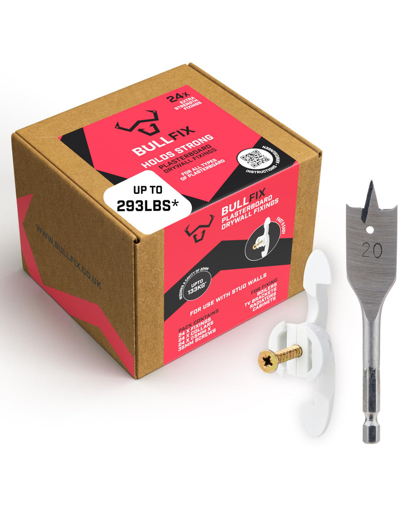 Bullfix Extra Drywall Anchors 24 Pack - Holds 293lbs, Patented Wing Design, Heavy Duty Anchors for Stud Walls, Flat & Tilt TV Mounts, AC Units, Kitchen Cabinets, Mirrors with Drill Bit Kit