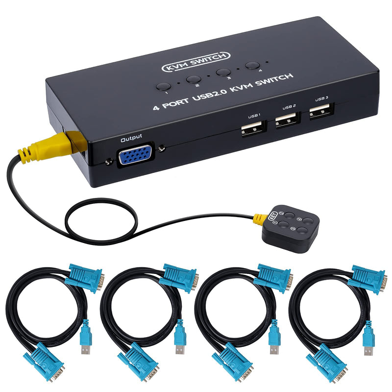 VGA KVM Switch 4 Port, USB VGA KVM Switcher for 4 Computers Share 1 Monitor 3 USB Devices Keyboard Mouse Scanner Printer, Including 4 KVM Cables & Desktop Control 4 Port VGA KVM