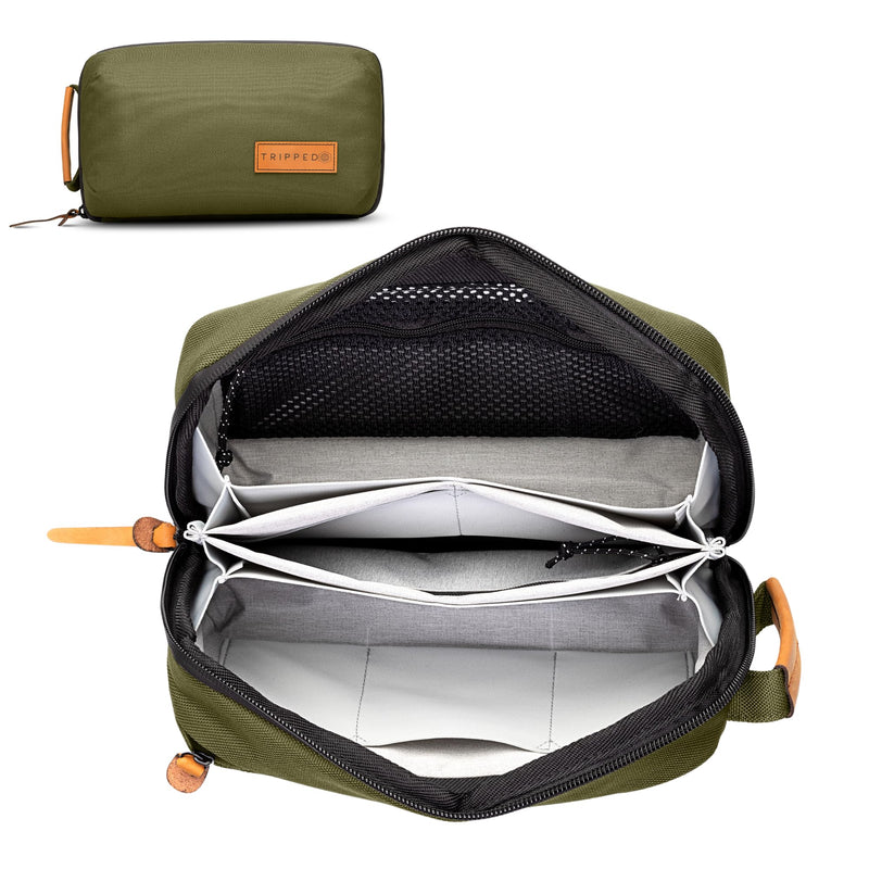 TRIPPED Travel Gear Tech Bag Organizer - Small Electronics Organizer Pouch for Travel - Premium Travel Case with Leather Accents - Mesh Pocket for Cables, Cords and Chargers Green
