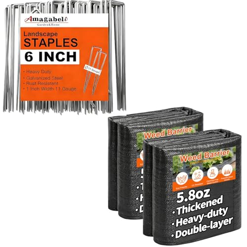 AMAGABELI 6 Inch 500 Pack Galvanized Landscape Staples 11 Gauge + 5.8oz 4ft x 50ft Weed Barrier