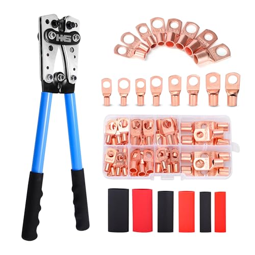 HKS Battery Cable Crimping Tool Kit – Heavy Duty Wire Crimper for AWG 10-1, Includes 60pcs Copper Ring Terminals & 60pcs 3:1 Heat Shrink Tubing, Ideal for Battery Cables HX-50B Crimper + 60pcs Lugs