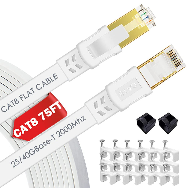 Cat 8 Ethernet Cable 75 ft Internet Network LAN Cable High Speed 2000Mhz 40Gbps RJ45 Cables for Gaming, Xbox, PS4, Modem, Router - Compatible for Cat7/Cat6e/Cat5e Network - White Cat8 75FT