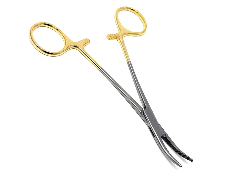Hemostat Locking Forceps 5" Curved with Full Serrated Jaws Ideal for Clamping, Fishing, Firefighters Nurses Doctors + More (Gold Handle) Gold Handle