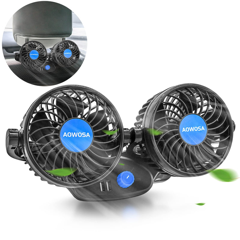 Car Fans 12V Electric Cooling Rear Seat Headrest Vehicle Fan with Cigarette Lighter Plug 2 Speed 2 USB Charging Ports, 360 Degree Adjustable Dual Head Automobile Fan for Truck Van SUV RV Boat Auto Dual Head Back Seat -1
