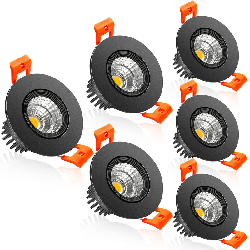 2Inch LED Recessed Ceiling Light, 3W Dimmable LED Downlight, Warm White 3000K, 60 Beam Angle Directional COB Recessed Lights with Driver, 25W Halogen Bulbs Equivalent for Ceiling Lighting, 6Pack 3000k (Warm White) 6P Black (COB)