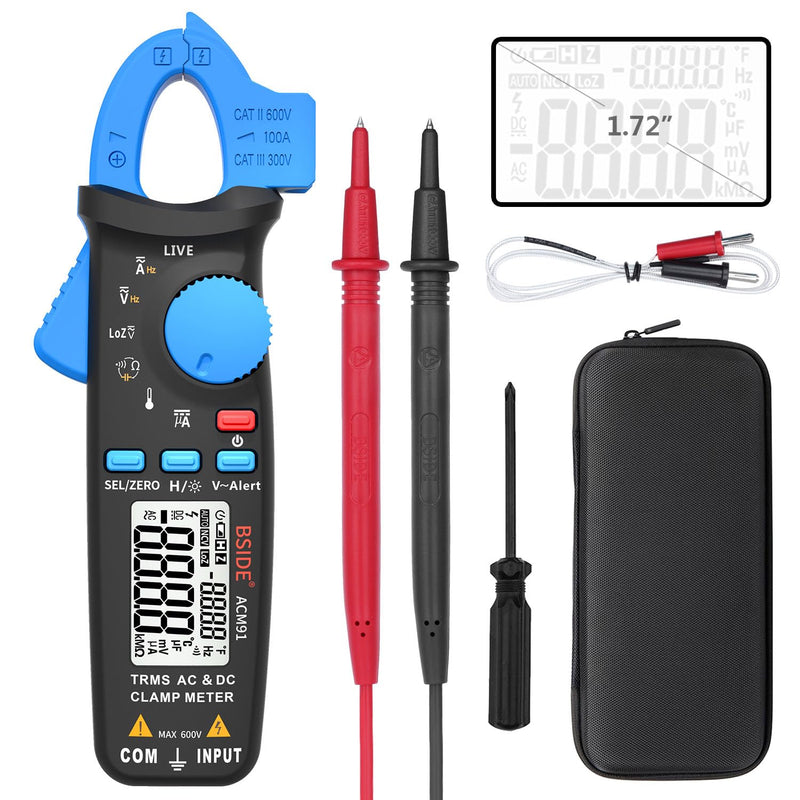 1mA DC Clamp Meter True RMS 6000 Counts Auto-Ranging Digital Multimeter Capacitance Temperature Ohm Live Check V-Alert Low Impedance Voltage Tester for HVAC Automotive ACM91