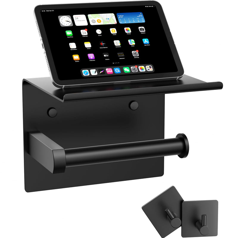 Tindbea Mega Size Toilet Paper Holder with Shelf + Towel Robe Hooks, Adhesive or Screw Wall Mounted Toilet Paper Roll Holder, Stainless Steel Bathroom Hardware Set (Matte Black)… Large Matte Black