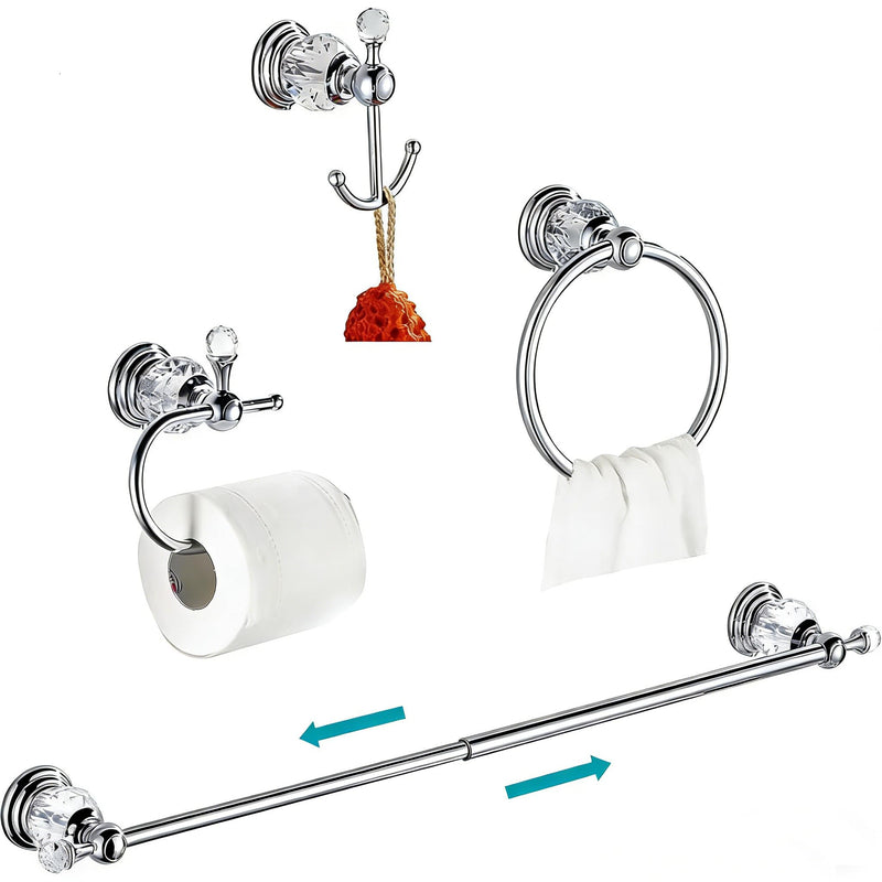 WOLIBEER Crystal Bathroom Accessories, Chrome 24 Inch Towel Bar Set Polished Brass Toilet Paper Holder Towel Ring Coat Hooks Bathroom Hardware 4 Pieces Wall Mounted Silver