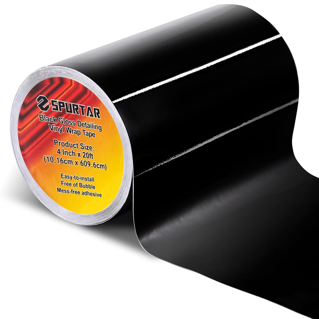 Spurtar Gloss Black Vinyl Wrap 4 Inch x 20ft Air-Release Adhesive Car Vinyl Wrap, Satin Vinyl Wrap for Cars Chrome Delete Wrap Roll DIY Car Exterior Decoration Door Edge Guard Car Wrapping Paper 4in x 20ft | 10cm x 6m