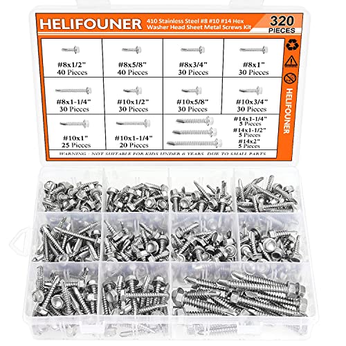 HELIFOUNER 320 Pieces #8#10#14 Hex Washer Head Self Drilling Sheet Metal Screws Assortment Kit, 410 Stainless Steel
