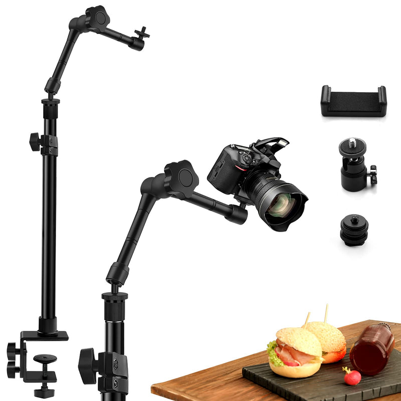 Camera Desk Mount Stand, 11 Inch Magic Arm with 1/4" Screw Thread, 15.5-25.5 Inch Tabletop Clamp Mount Stand for DSLR Camera Rig/Ring Light/Self Broadcasting/Live Streaming/Online Working Black