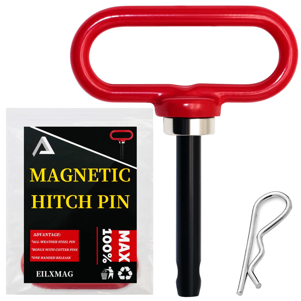 Magnetic Hitch Pin, Lawn Mower Trailer Hitch Pins 1/2 Inch - Strong Heavy Duty Magnet Trailer Gate Pin for Mowers, Lawn Tractors, Towing Cargo, ATV - Simple One Handed Hook On & Off（Red） RED-1pc