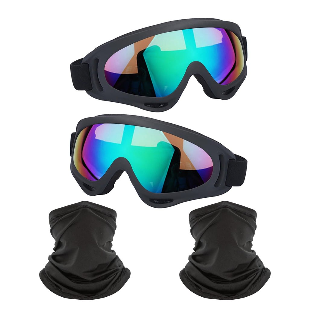 Motorcycle Goggles,2 Pack Dirt Bike ATV Motocross Riding Hiking Protective with 2 Pack Neck Breathable Bandana Mask Black Frame/Multicolor Lens