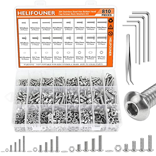 HELIFOUNER 810 Pieces M3 M4 M5 M6 304 Stainless Steel Button Head Socket Cap Metric Screws Bolts, Flat Washers and Nuts Assortment Kit with Hex Wrenches M3 M4 M5 M6 (810 Pieces) Button Head Screws